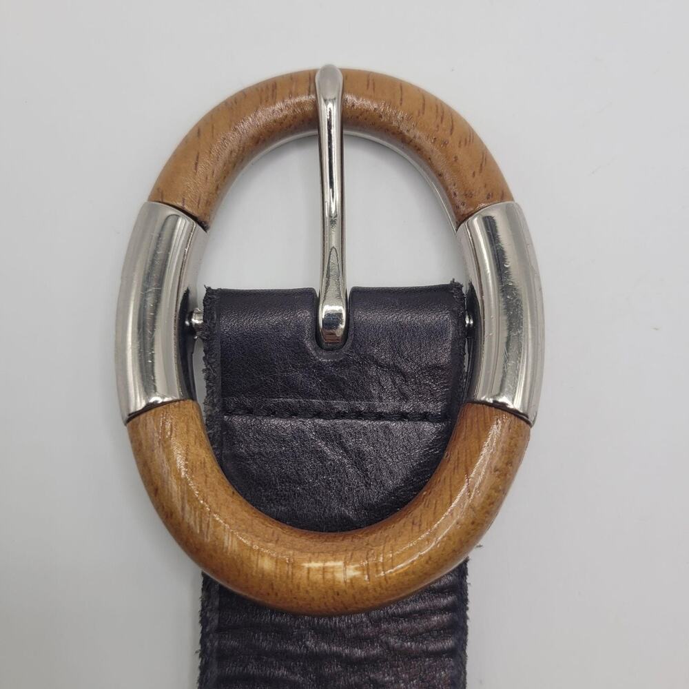 Fossil Belt Womens Medium Black Leather Wide Wood Metal Buckle Boho Statement - Picture 4 of 9